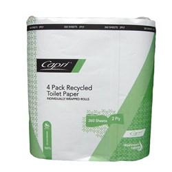 Toilet Tissue Roll 2 Ply Recycled 4 Pack/ 12 Rolls White 260 Sheets