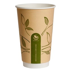 Takeaway Coffee Cup Biodegradable & Compostable Double Wall Leaves Kraft 16 oz