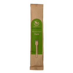 Cutlery Fork Wooden Individually Paper Wrapped Kraft 165mm