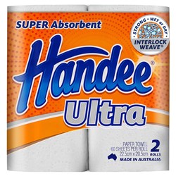 Paper Towel Kitchen Handee 2 Ply- 60 Sheets White 2 pack 225x205mm